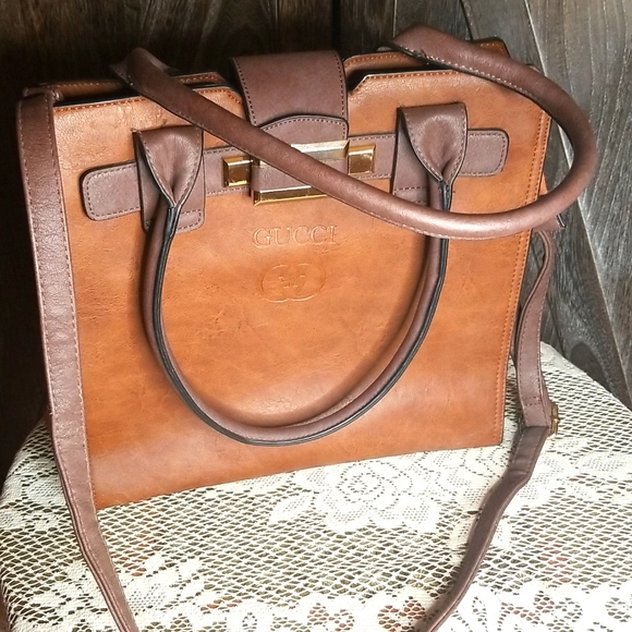 Brown leather purse w/ 2 handles & crossbody strap - Picture 3 of 9